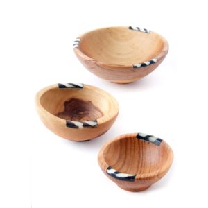 Set of Three Small Wild Olive Wood and Bone Bowls