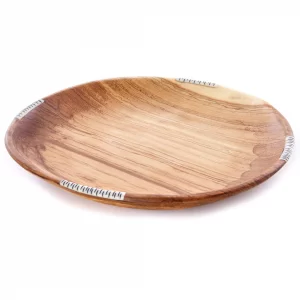 10" Wild Olive Wood Round Serving Plate with Striped Bone Inlay
